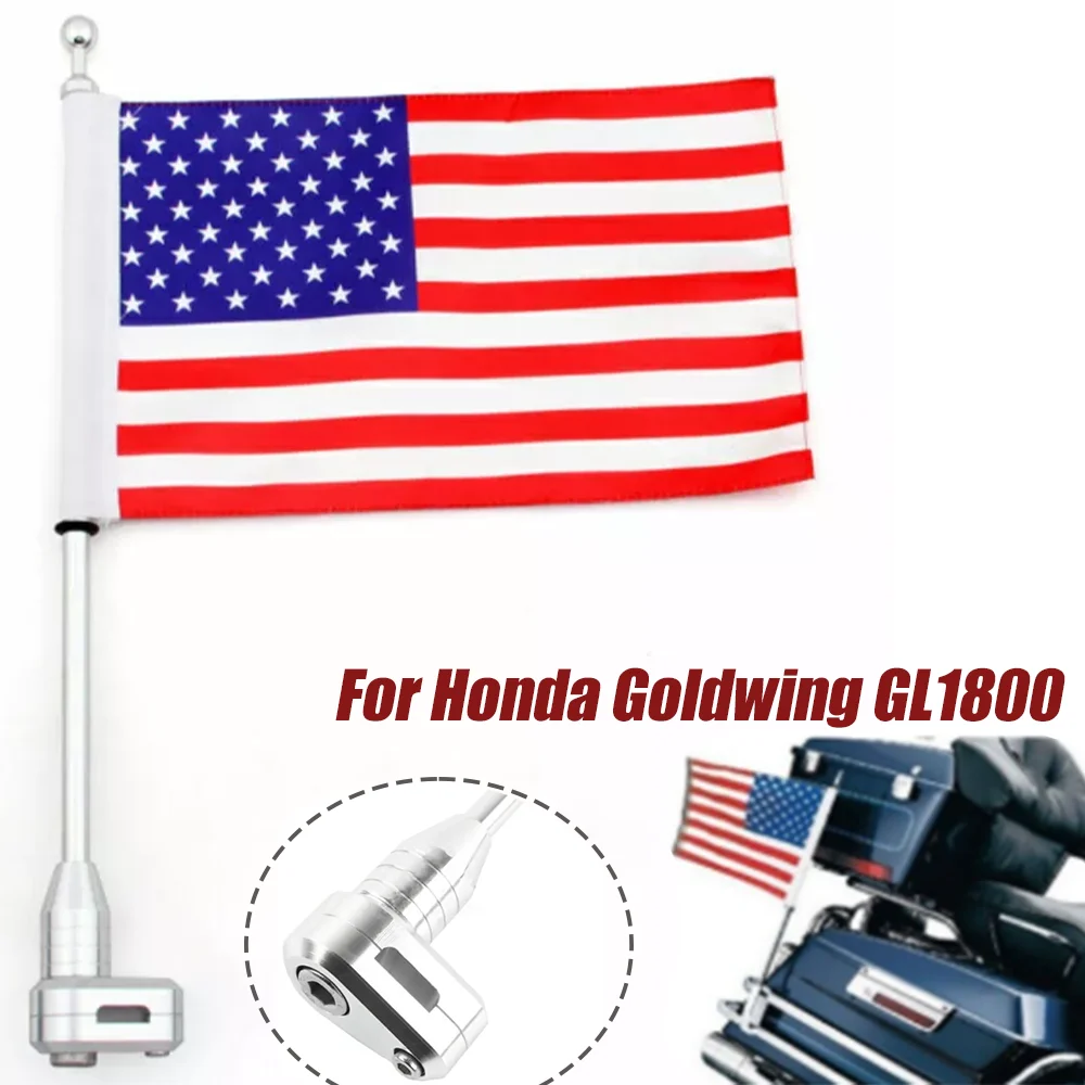 

2Pcs Chrome Skull American Flag Pole Rear Side Mount Flag For Honda GoldWing GL1800 2001-2011 Vertical Luggage Decor Flag