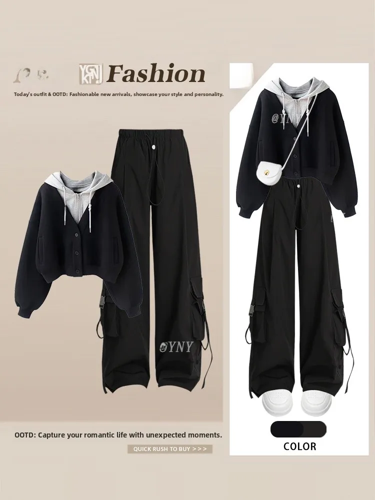 가을 캐주얼 레트로 여성 세트 후디와 와이드 레그 워크웨어 팬츠 투피스 수트 한국 슬림 효과 학생복