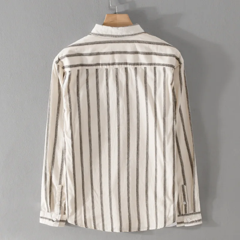 Men's Long Sleeve Cotton Flannel Shirt Vertical Stripes Casual Style Autumn Fashion Outerwear Jacket Trendy Streetwear