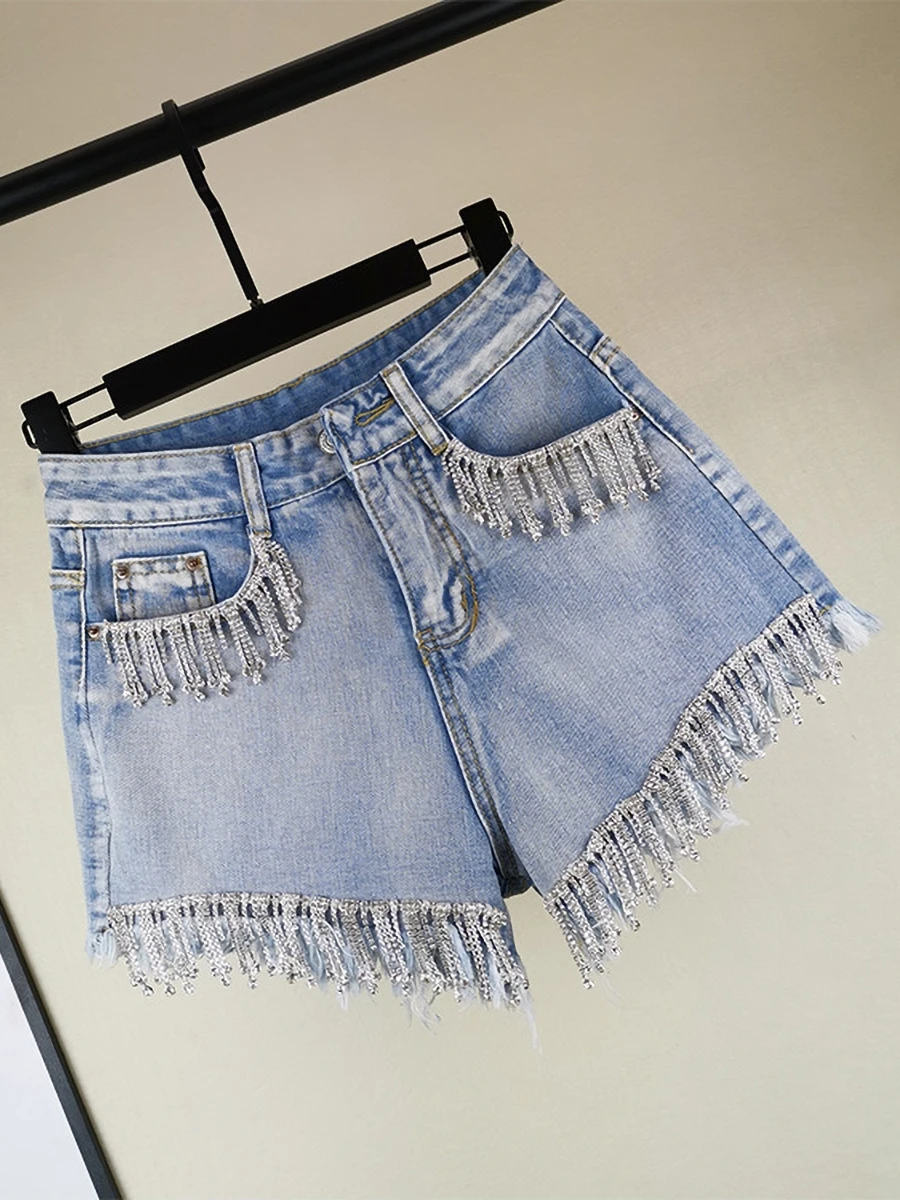 LEOXOSE 2024 Summer New Korean Wide-leg Pants Rhinestone Fringed High-waisted Denim Shorts Women's Hot Pants  Womens Shorts