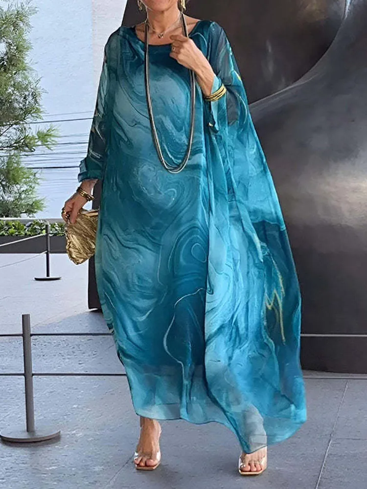 2024 Pols Mouw Print Patchwork Maxi Jurk, Vrouwen O-Hals Mode Elegante Feestjurk, Lente Herfst Eenvoudige Losse Dames Jurk