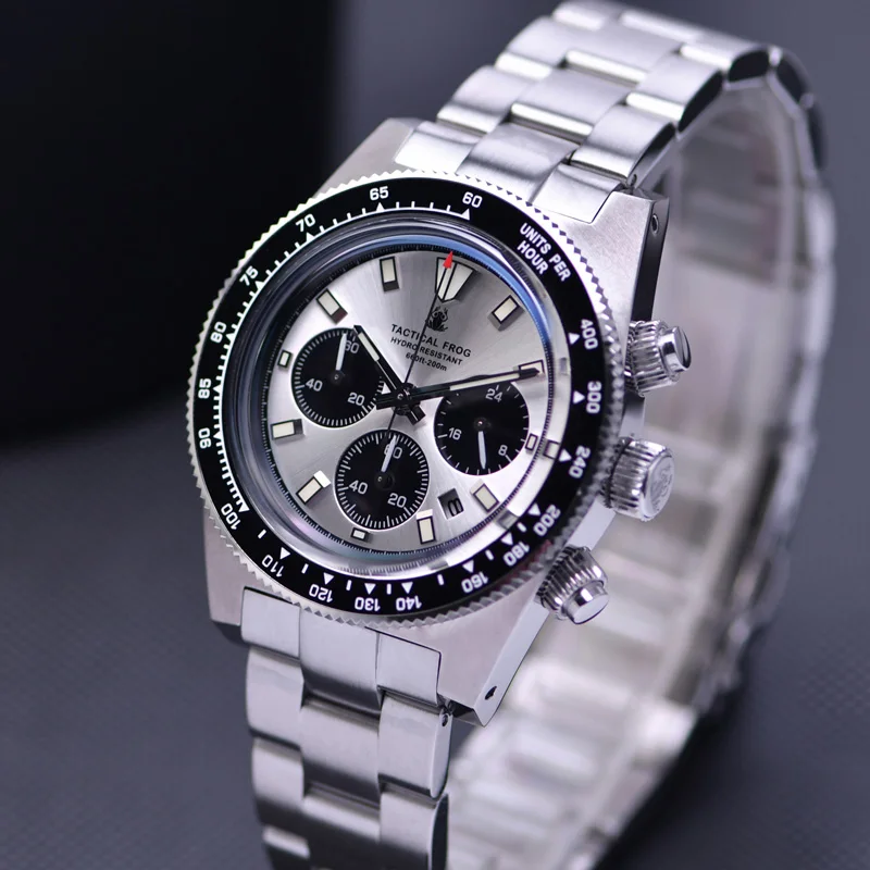 Tactical Frog Men Solar Chronograph Watch  200m Waterproof Watch VS75A Eco-Drive Quartz Sapphire Crystal Mirror Ceramic Bezel