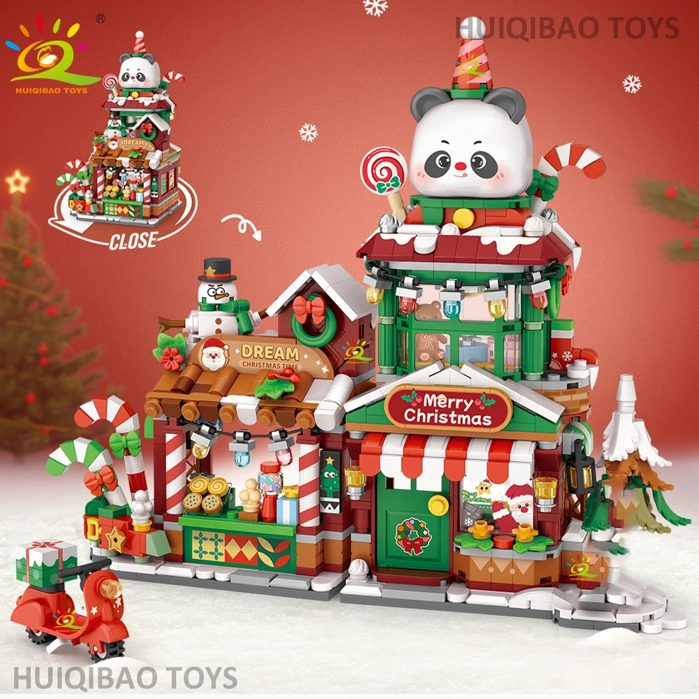 HUIQIBAO Christmas Tree Panda Snowman Shop Model Building Block DIY Gingerbread Cafe Bricks Ornament Toys Adult Santa Claus Gift