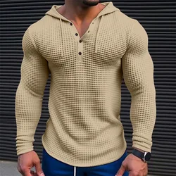 Spring Solid Slim Fit Long Sleeved T-shirt Men's Hooded Sports Tops Button V-Neck Hoodies Waffle Cotton Casual Long Sleeve Shirt