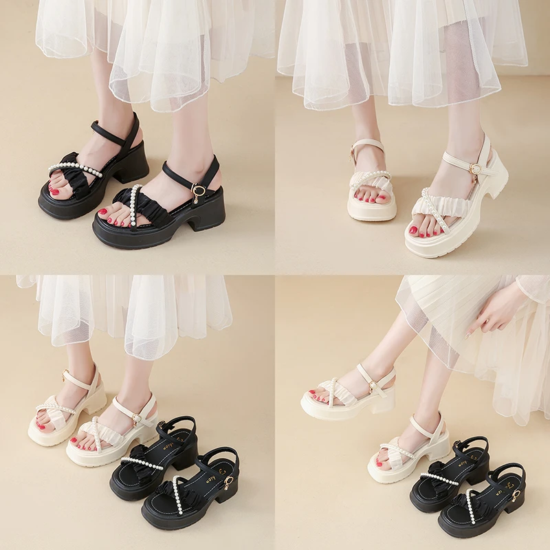 

Новые летние удобные сандалии с открытым носком на толстом каблуке с круглой головкой для женщин, модные элегантные банкетные сандалии на высоком каблуке с жемчугом