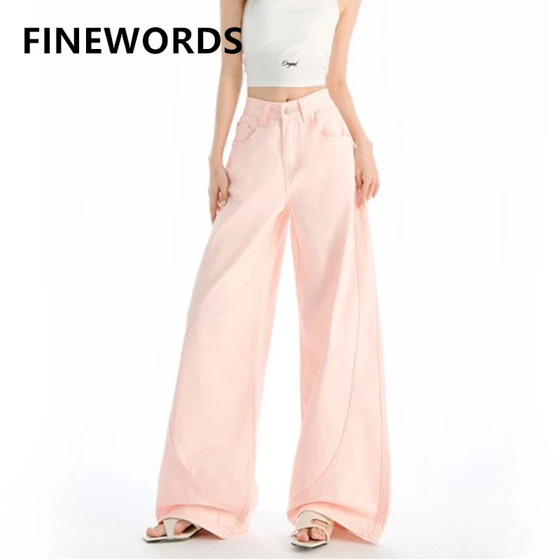 

FINEWORDS Vintage Solid Korean Baggy Jeans Women Easymatch Basic High Waist Jeans Streetwear Daily Wear Wide Leg Denim Pants