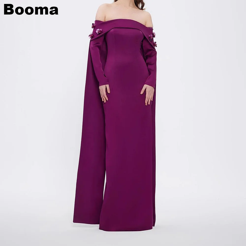 Booma Purple Mermaid Evening Dresses Boat Neck Cape 3D Flowers Formal Occasion Gowns for Women Floor Length Party Prom Dresses