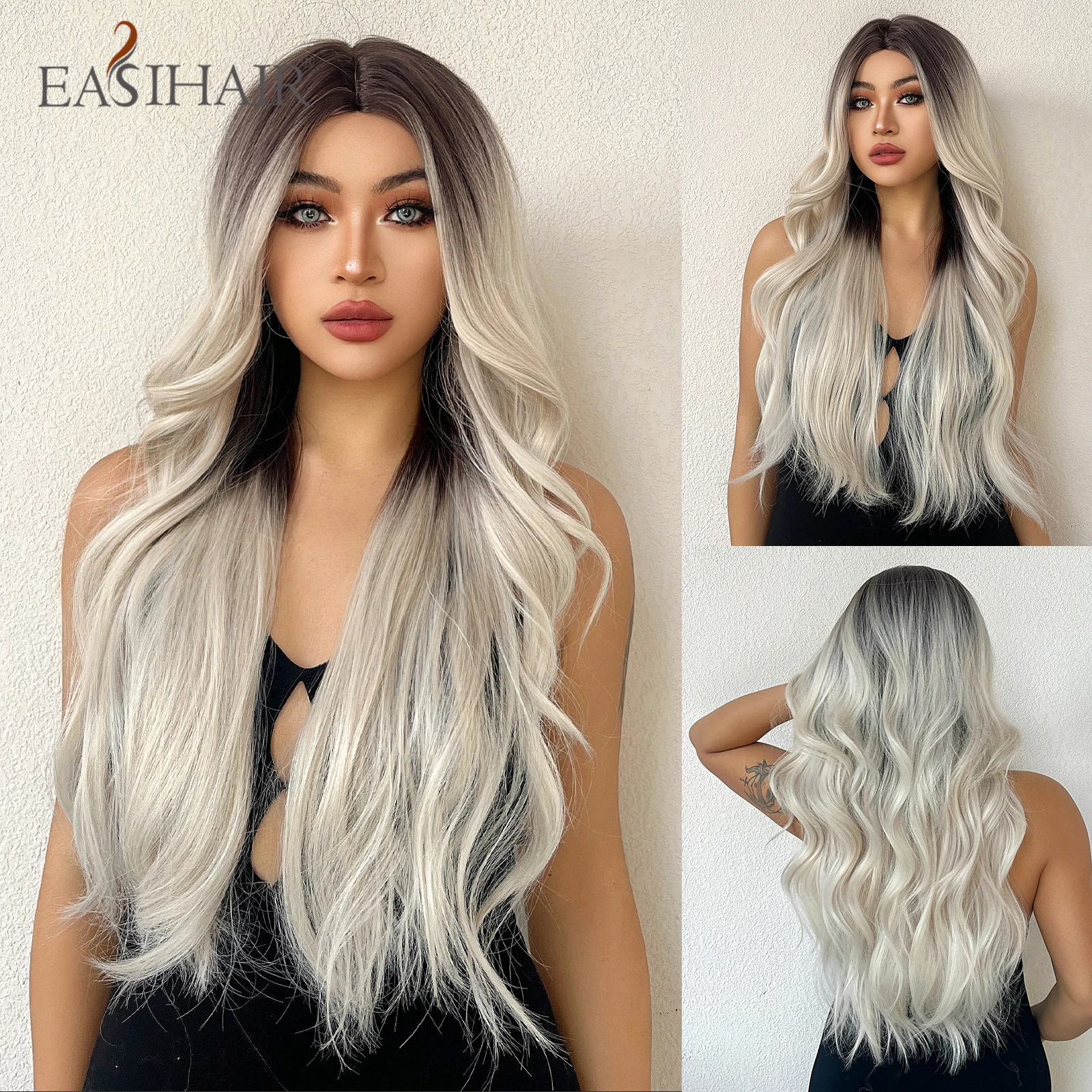 

EASIHAIR Long Wavy Ombre Platinum Blonde Synthetic Wig with Dark Root for Women Daily Cosplay Party Wig Heat Resistant Fake Hair