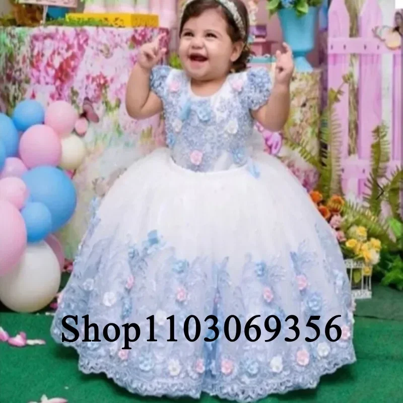 Cute Flower Girl Dress Bow Tiered Tulle Appliques Short Sleeves Baby Girl Kids Wedding Birthday Party Prom Holiday Dress