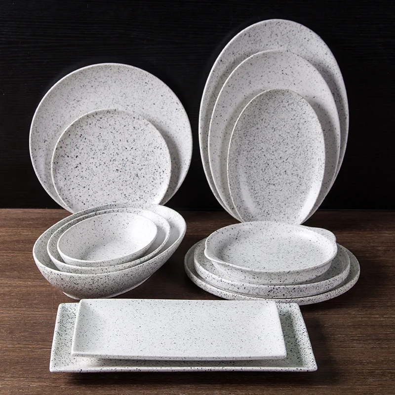 

Outdoor Tableware: 8, 10, 12, 14-inch Oval Shallow and Deep Soup Fruit Salad Pasta Black Ink Dot Ceramic Plates