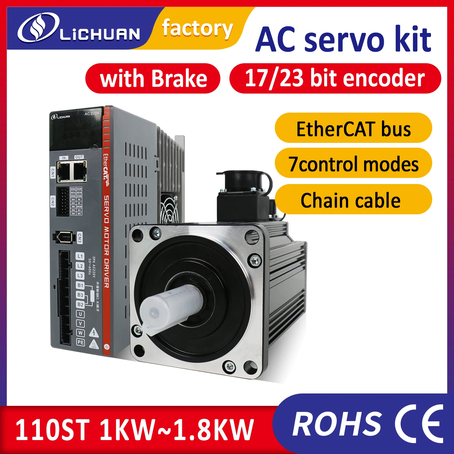 Lichuan Ethercat 1.2KW servo motor with brake 1.5KW servomotor 1.8KW servo engine and servo driver kit 110ST 4Nm 5Nm 6Nm 3000rpm