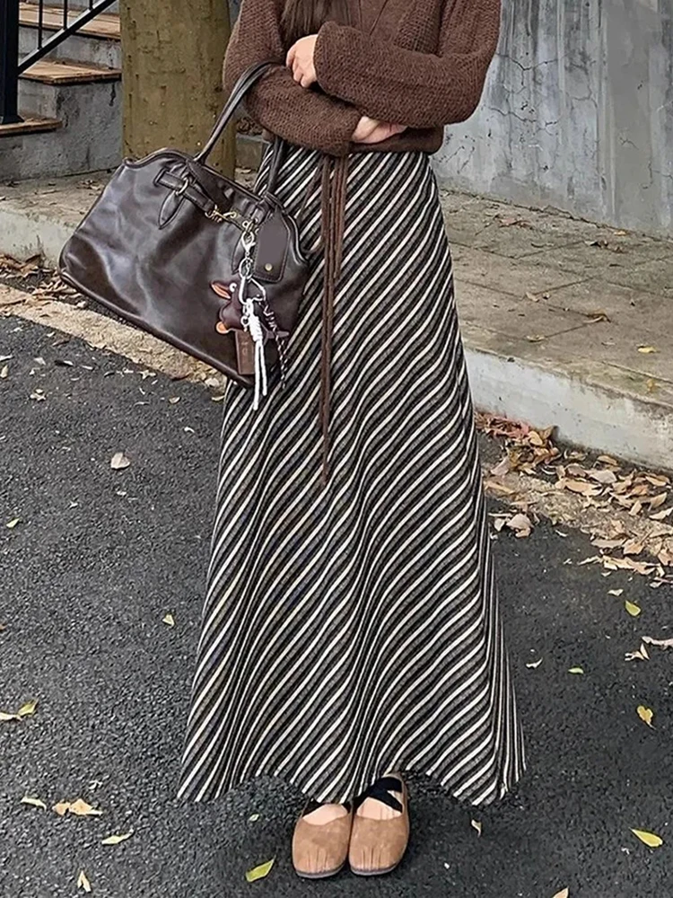 Vintage Woolen Long Skirt Women Diagonal Striped High Waist A Line Elegant Skirts Loose Casual Office Lady Fall Winter Skirt New