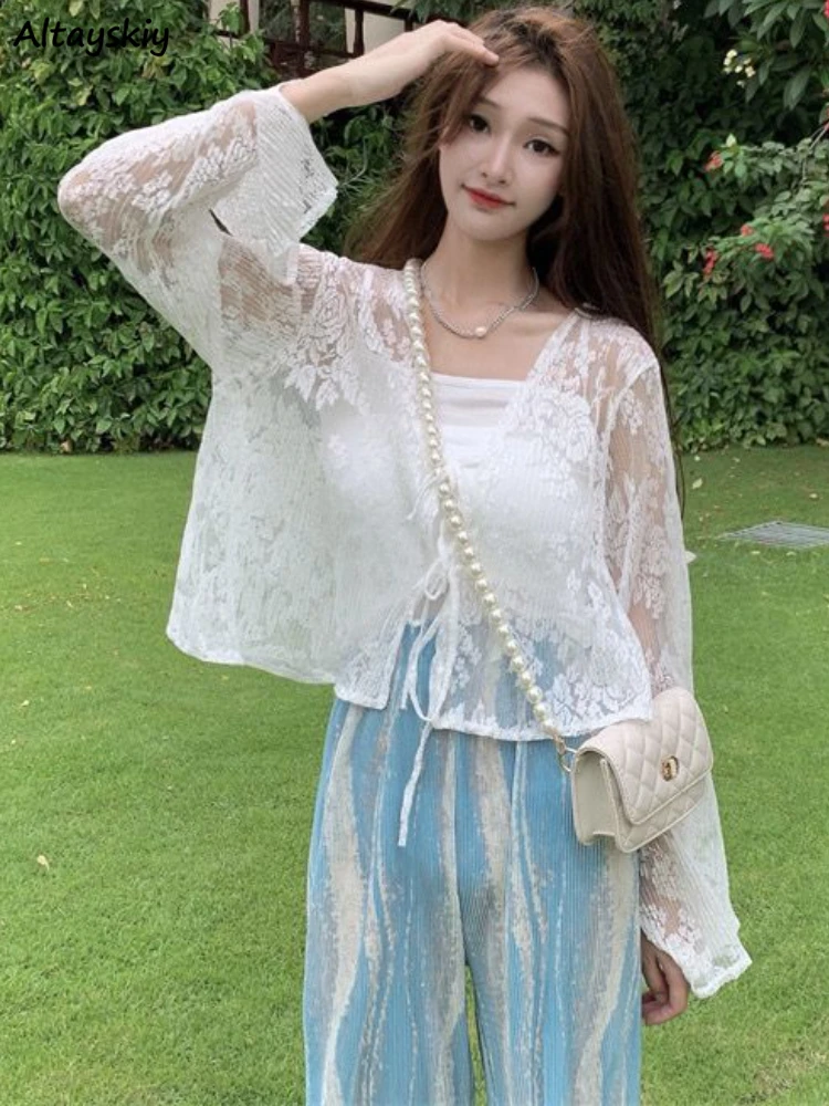 

Куртка женская с кружевом, пикантная уличная одежда для отдыха, Очаровательная модная дышащая простая ажурная свободная повседневная одежда в стиле ольччан, лето