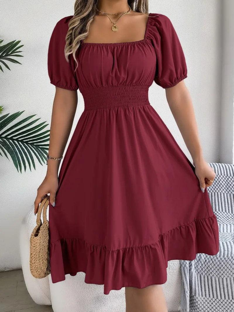 여성 MIidi 드레스 2025 여름 캐주얼 스퀘어 넥 반팔 허리 프릴 에지 드레스 여성 우아한 Платья Женские GZ7N