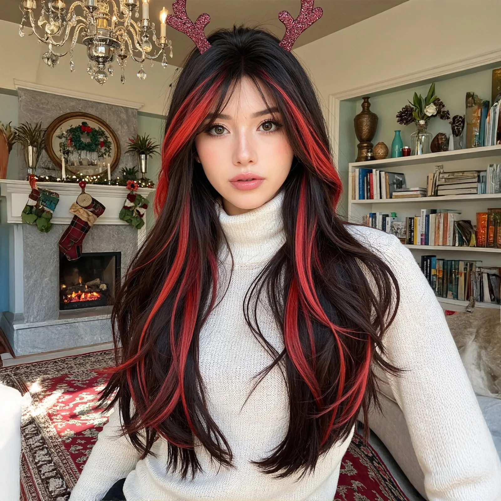 

Рождественские черные, красные мелированные парики, длинный волнистый синтетический парик для женщин, средняя часть, объемная волна, Хэллоуин, косплей, термостойкий