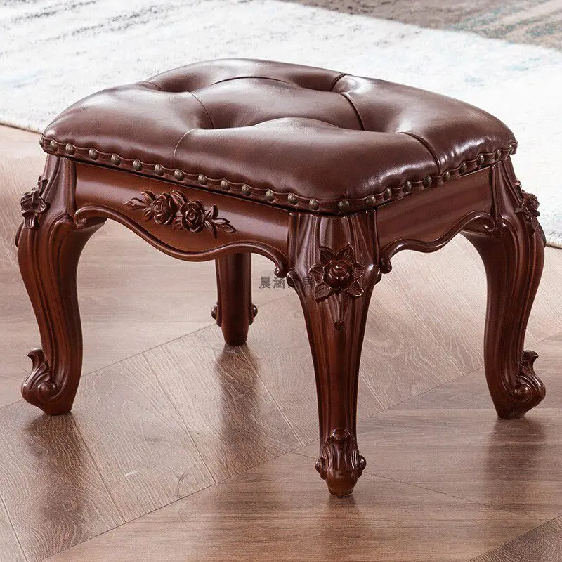 American low living room household all solid wood small square stool carved leather  sofa stool shoe change