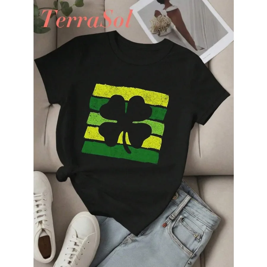 Camiseta informal de algodón puro para mujer, color verde, con estampado sencillo y atractivo, cuello redondo, manga corta, Happy St. Patrick's Day LUCKY GREEN