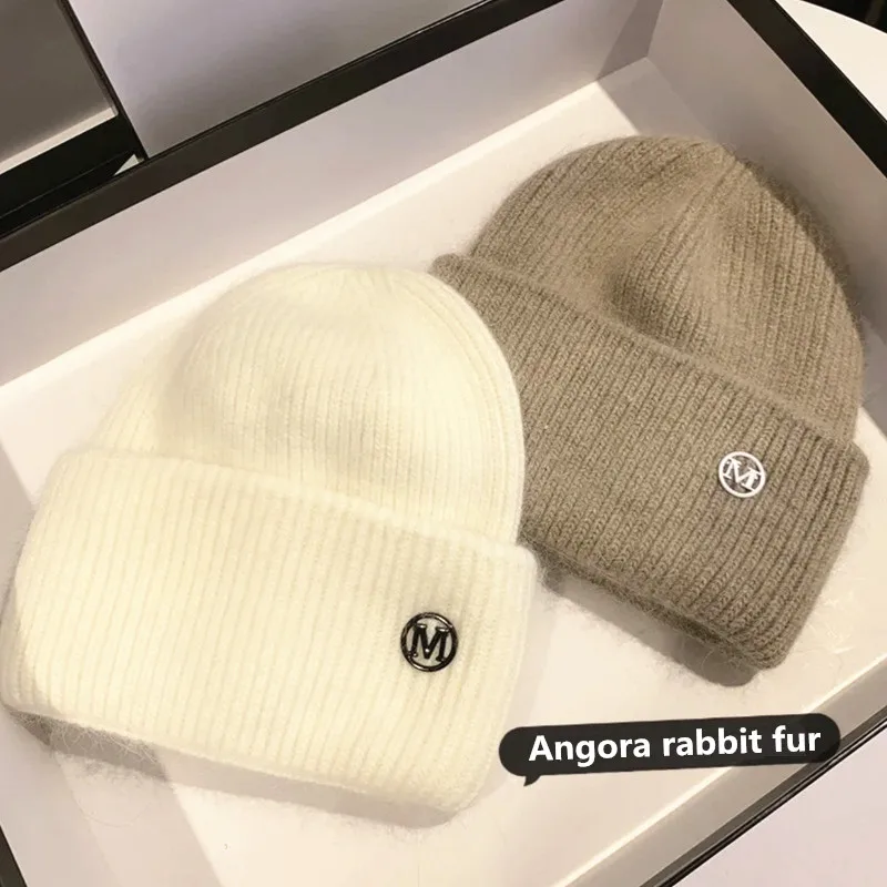 Angora rabbit fur hats Winter women girls casual soft breathable warm knitted hat Skullies Hip hop ski skullcap gorros