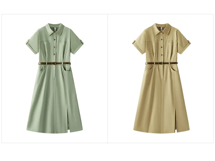Semir Damen Hemdkleid mit Kragen aus Baumwolle, Schlitz, Midi-Länge, Gürtel, schmal geschnitten, Vintage Urban Workwear 2026 Sommer Mode Büro-Oberteil – Detail 9
