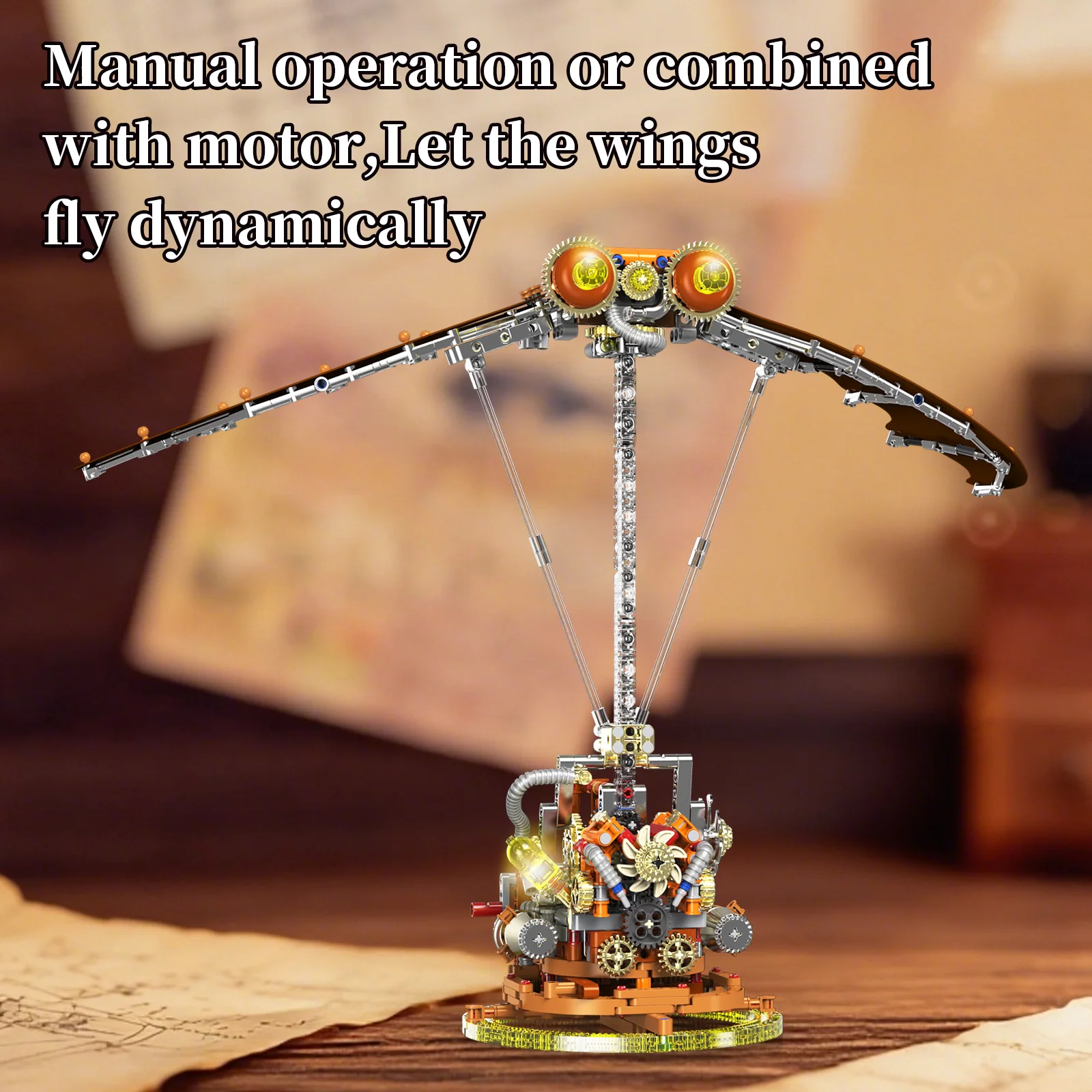 Simulated ornithopter mechanical toy desktop ornament, ornithopter model assembly building blocks toys, children's holiday gift.