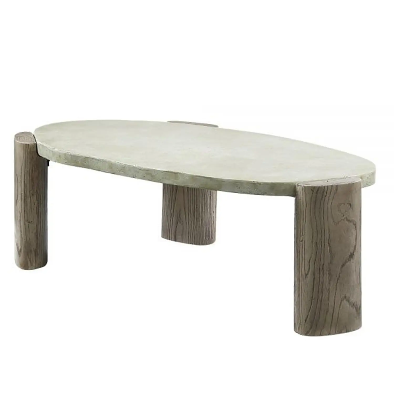 

47 Inch Coffee Table, Oval Shape Cement Top, Smooth Gray And Oak Brown, Customized