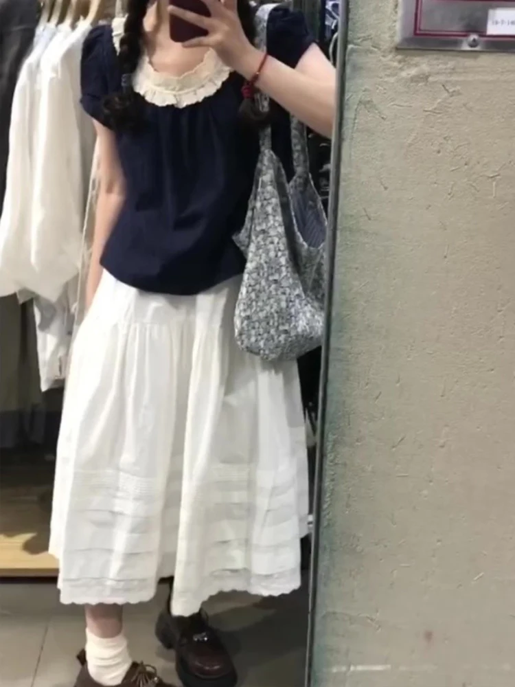 Dentelle épissure f jupe deux pièces ensemble Long Dr paresseux Sle T-shirt à volants taille haute bulle Sve ort Sve printemps été...