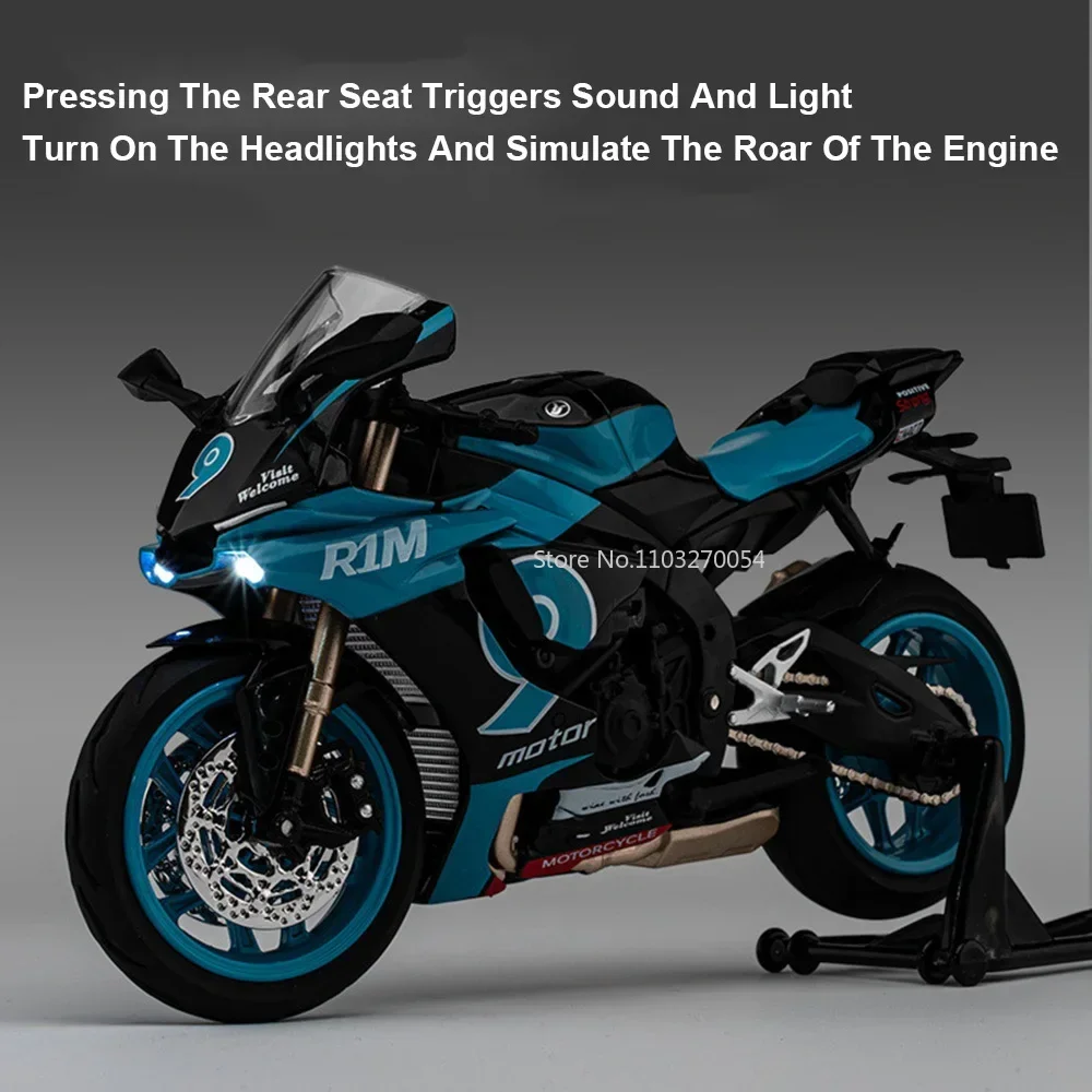 โมเดลรถมอเตอร์ไซค์ R1M R1 ขนาด 1/12 ของเล่นรถมอเตอร์ไซค์ ตัวถังโลหะผสม ล้อหน้าหมุนได้ มีเสียงและไฟ ล้อหลังมีระบบกันสะเทือน