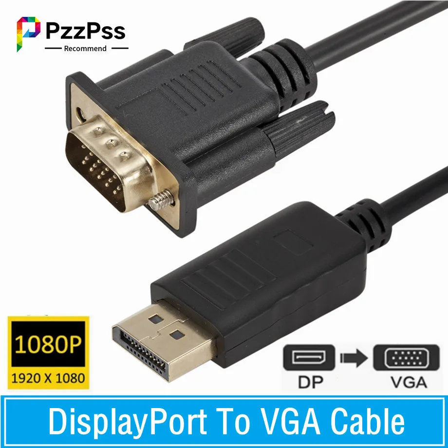 PzzPss 1.8m DisplayPort To VGA Adapter Cable 1080P DP to VGA Male to Male Converter For PC Computer Laptop TV Monitor Projector