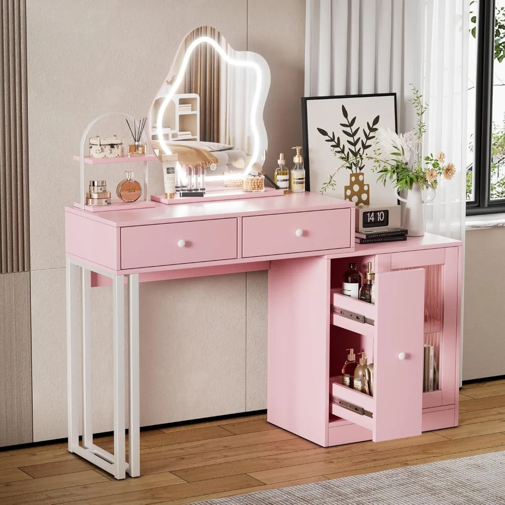 Adjustable Lighting Pink Makeup Vanity Desk with Mirror, Ample Storage, 3 Modes, Dressing Area