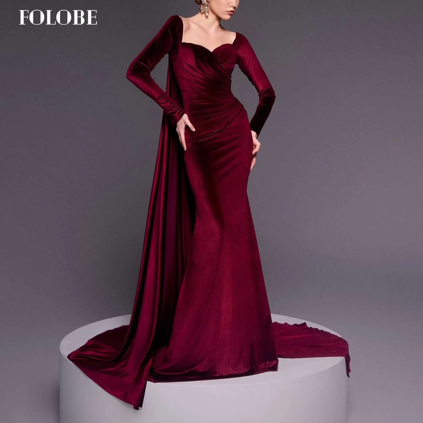 

FOLOBE Wine Red Evening Dress Modest with Full Sleeve Velvet Cape Elegant Prom Gown for Woman Wedding Party Dress Customized