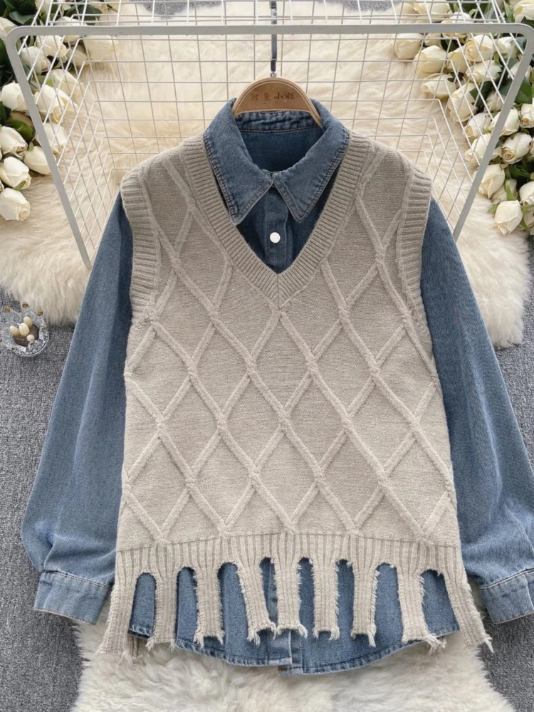 Women Casual Elegant Street Party Style Two-piece Set Autumn New Tassel Knitted Vest Single Breasted Loose Denim Shirt for Women