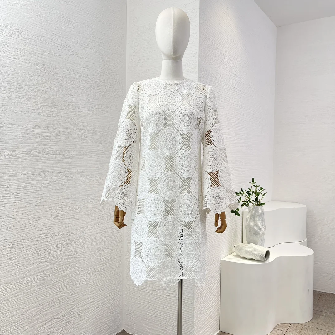 

Woman Clothing White Crochet Hollow Long Sleeve Mini Dress