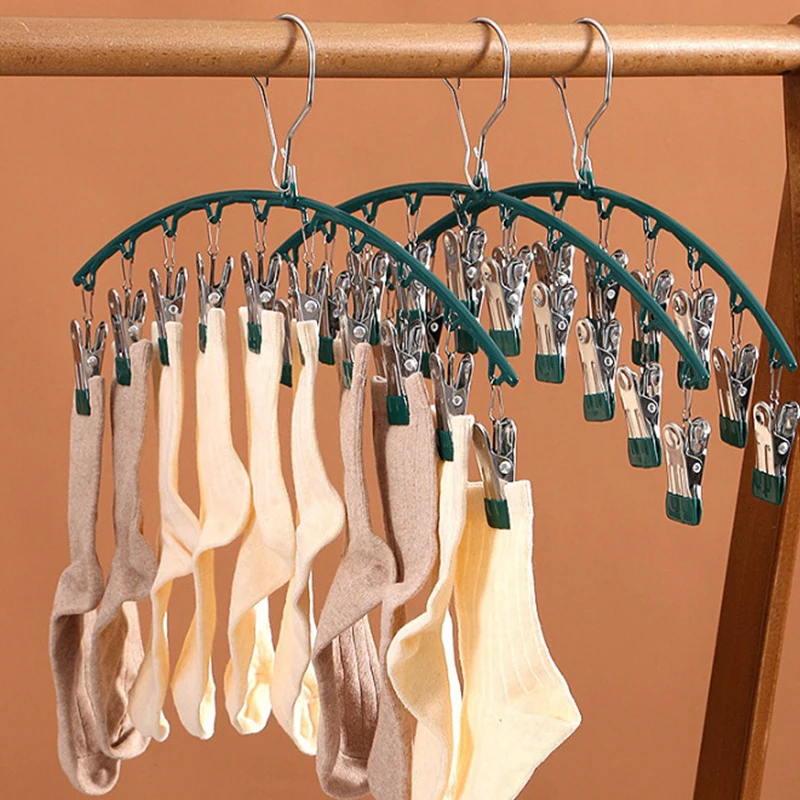 Stainless Steel Clothes Drying Hanger Windproof Clothing Rack 10 Clips Sock Laundry Airer Hanger Underwear Socks Holder Hangers