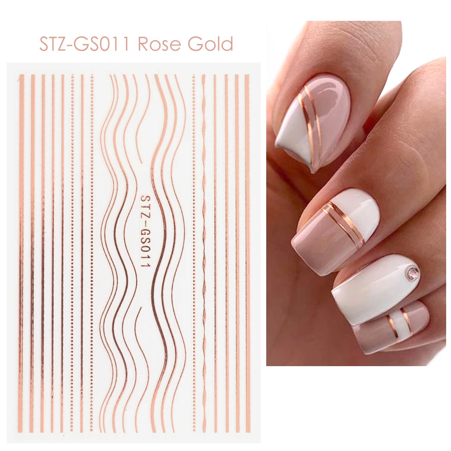 3D Eenvoudige Lijnen Nail Stickers Rose Gold Metal Streep Letters Decals Curve Gel Nagels Art Sliders Polish Manicure Decor BESTZGS014