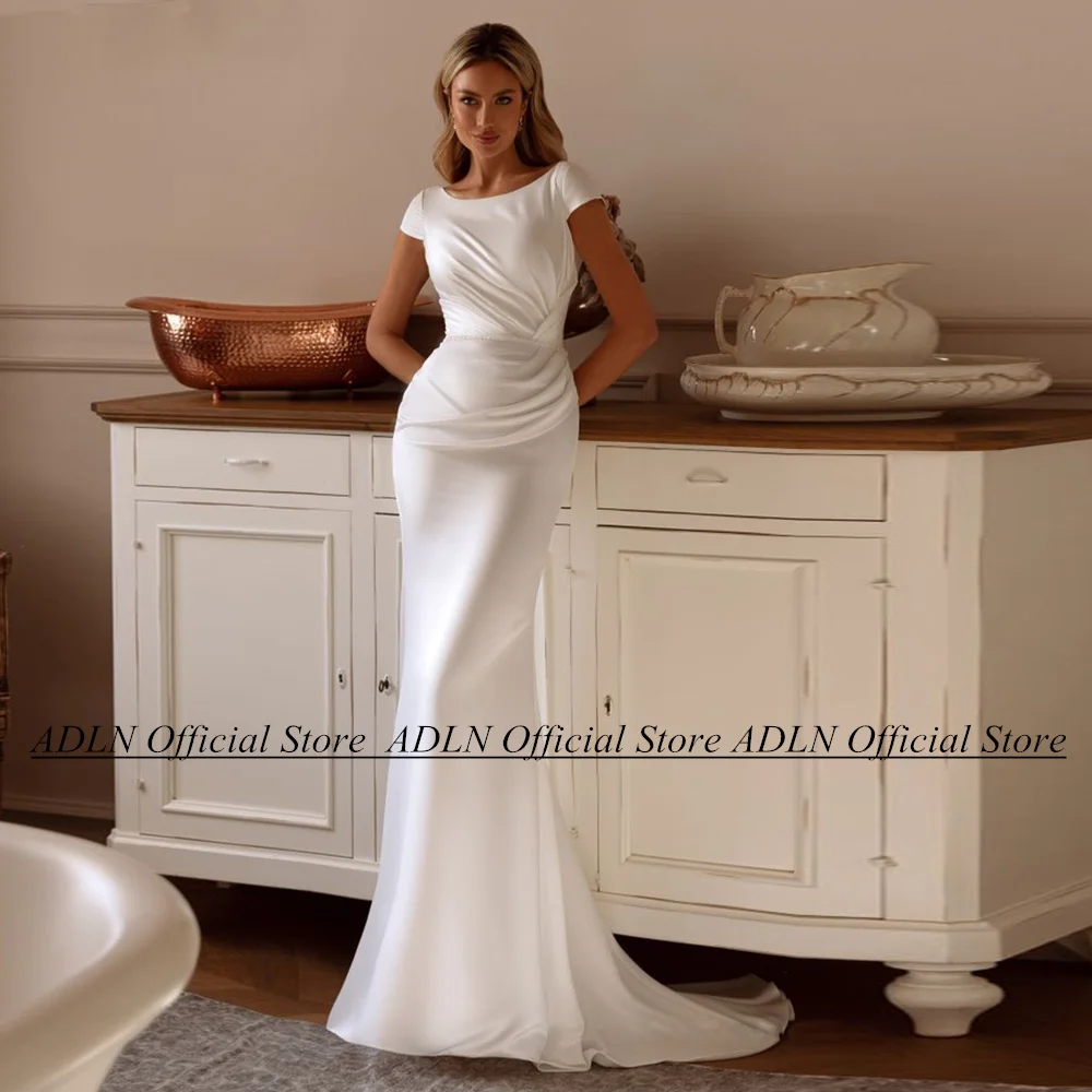 

Short Sleeves Scoop Simple Wedding Dresses Modern Pleat Beading Belt Sweep Train Mermaid Bridal Gown for Bride Vestidos De Novia