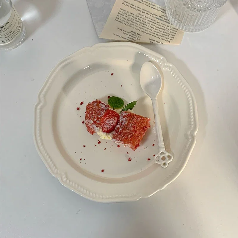 French Retro Relief Ceramic Dessert Plate Solid Colour Simple Breakfast Plate Fruit Snack Plate Household Tableware Ornaments