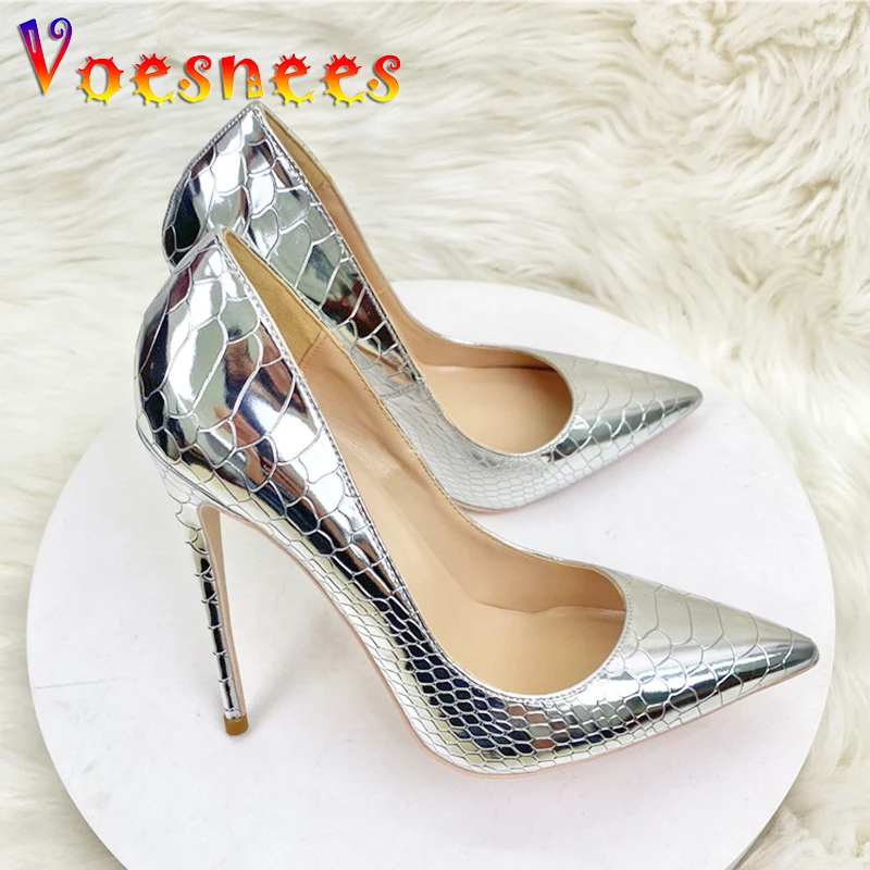 Shiny Silver Women Pumps 8CM 10CM 12CM Fashion Pointed Toe High Heels Elegant Ladies Wedding Bride Shoes Snake Print Stilettos