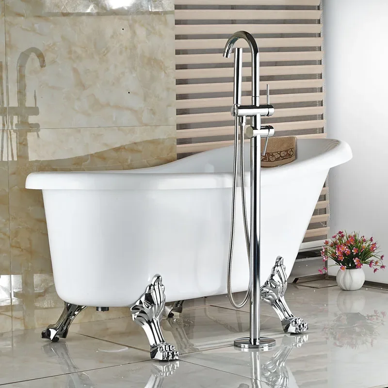 

Vidric Chrome Free Standing Bathtub Mixer Faucet Dual Handles With ABS Handheld Shower Tub Filler