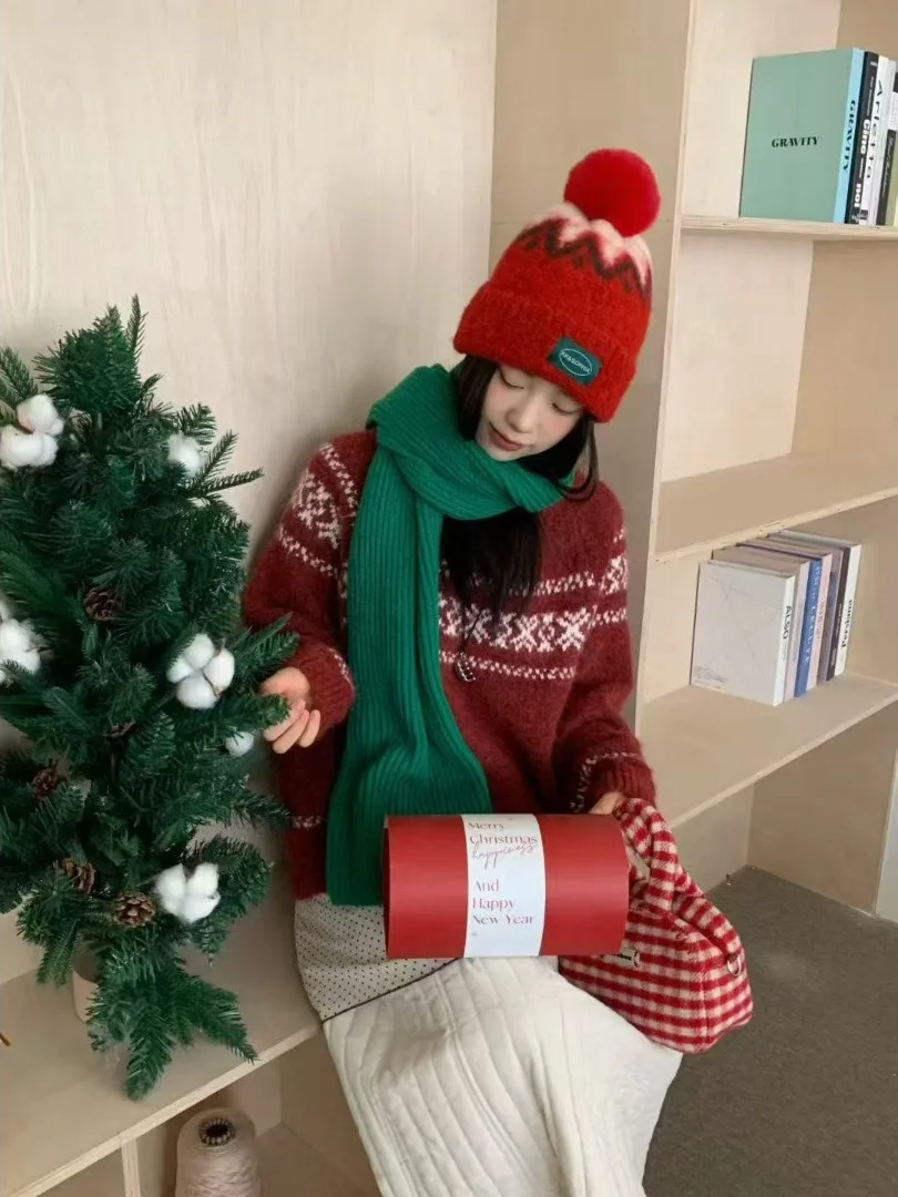 

Cisas New Year Aosphere Red Knitted Sweater Women's Winter Faion Top Loose Fit Long Sve round Ne Pull over