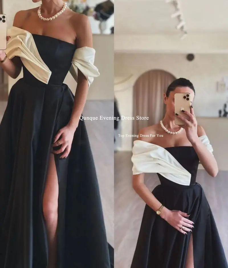 Qunque A-line Black And White Prom Dresses Sexy High Slit Long Party Dresses Robes De Soirée Special Occasion Dresses Customized