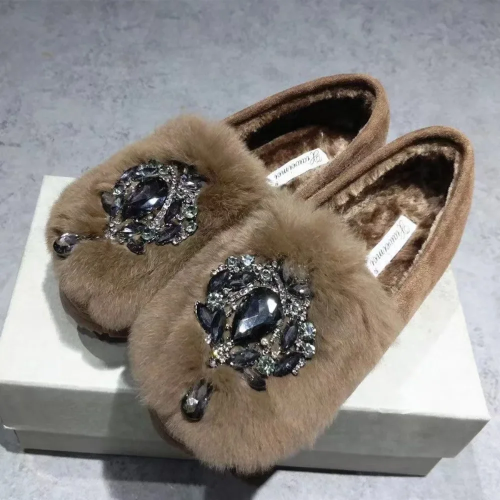 

Womens Round Toe Real Rabbit Fur Furry Loafers Rhinestones Diamonds Flats Warm Winter MossNew 2024