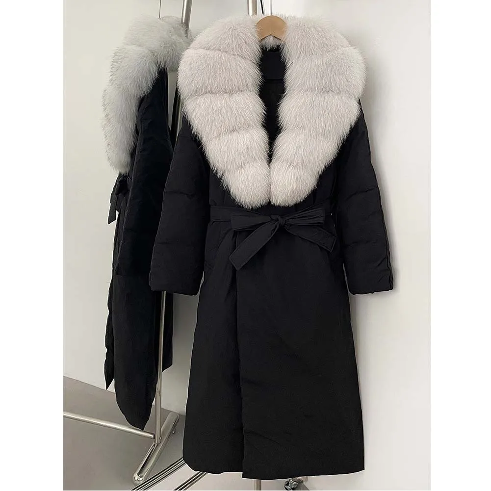 เสื้อโค้ทขนเป็ดขาวแท้สำหรับผู้หญิง ฤดูหนาวปี 2025  คอปกขนฟ็อกซ์แท้  แบบยาวพองตัว  หนานุ่ม อุ่น  พร้อมขนแท้