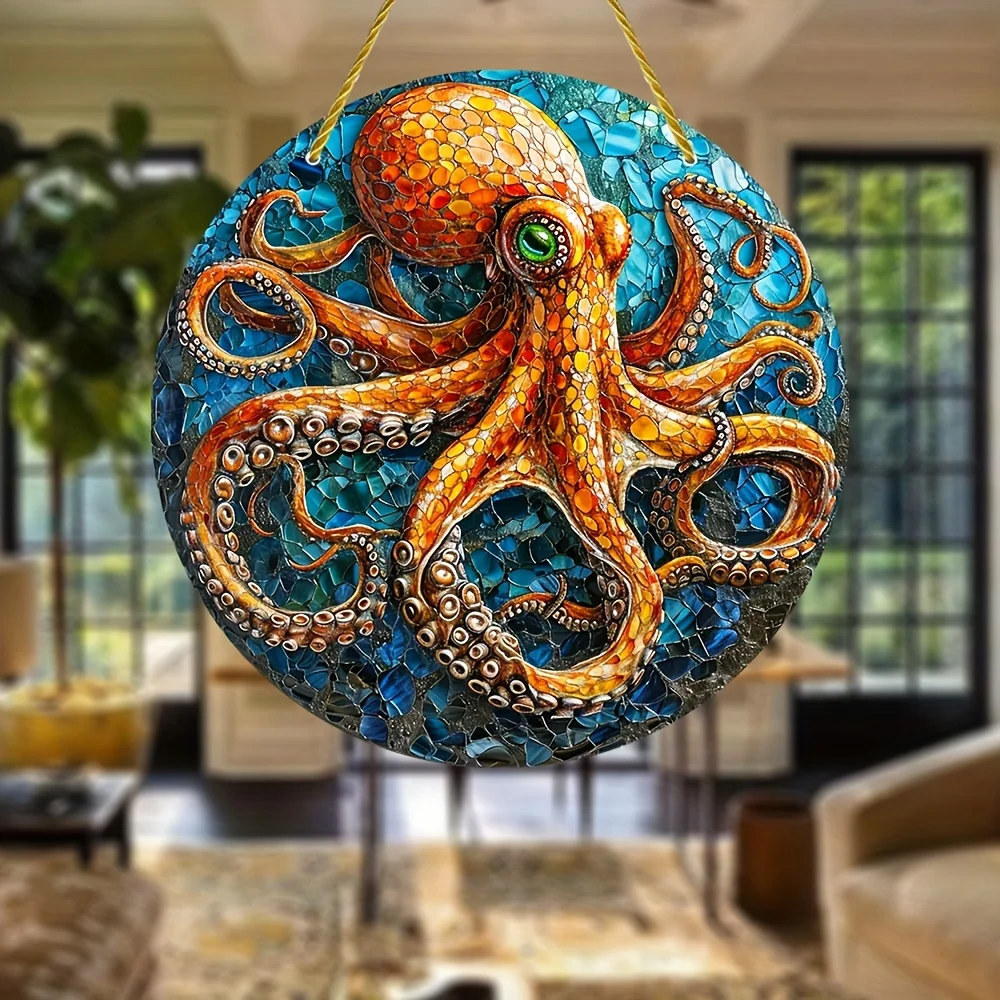 Octopus Retro Stained Window Hanging,Sun Catcher,Suncatchers,Lover,Friends,Acrylic Creative Round Sign,Garden,Yard,House