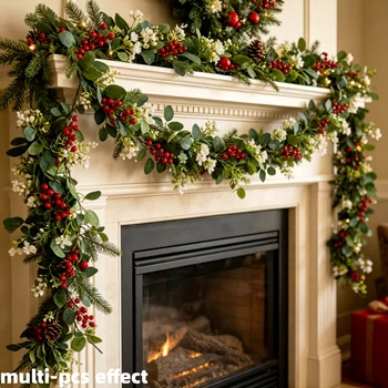 7-Piece Set 70.87-inch Christmas Artificial Eucalyptus Tree Red Berry Vine Home Fireplace…