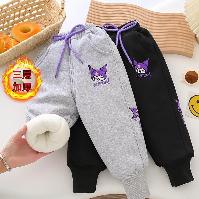 Girl Sanrios Child Cotton Pants Kuromi Winter Plus Velvet Thicken Wear Outside Keep Warm New Leisure Kawaii Cartoon Sweatpants