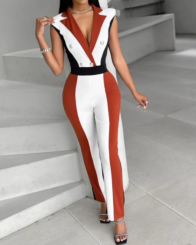 

2024 Woman Long Jumpsuits Elegant Sexy Colorblock Double Breasted Blazer Jumpsuit Female Clothing Outfits