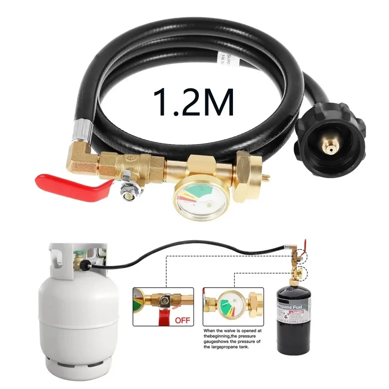 

Переходник для заправки пропана Шланг для переходника для заправки баллона с пропаном длиной 1 фунт 1,2 м Резиновый шланг Газовый соединитель с манометром и контрактом включения-выключения