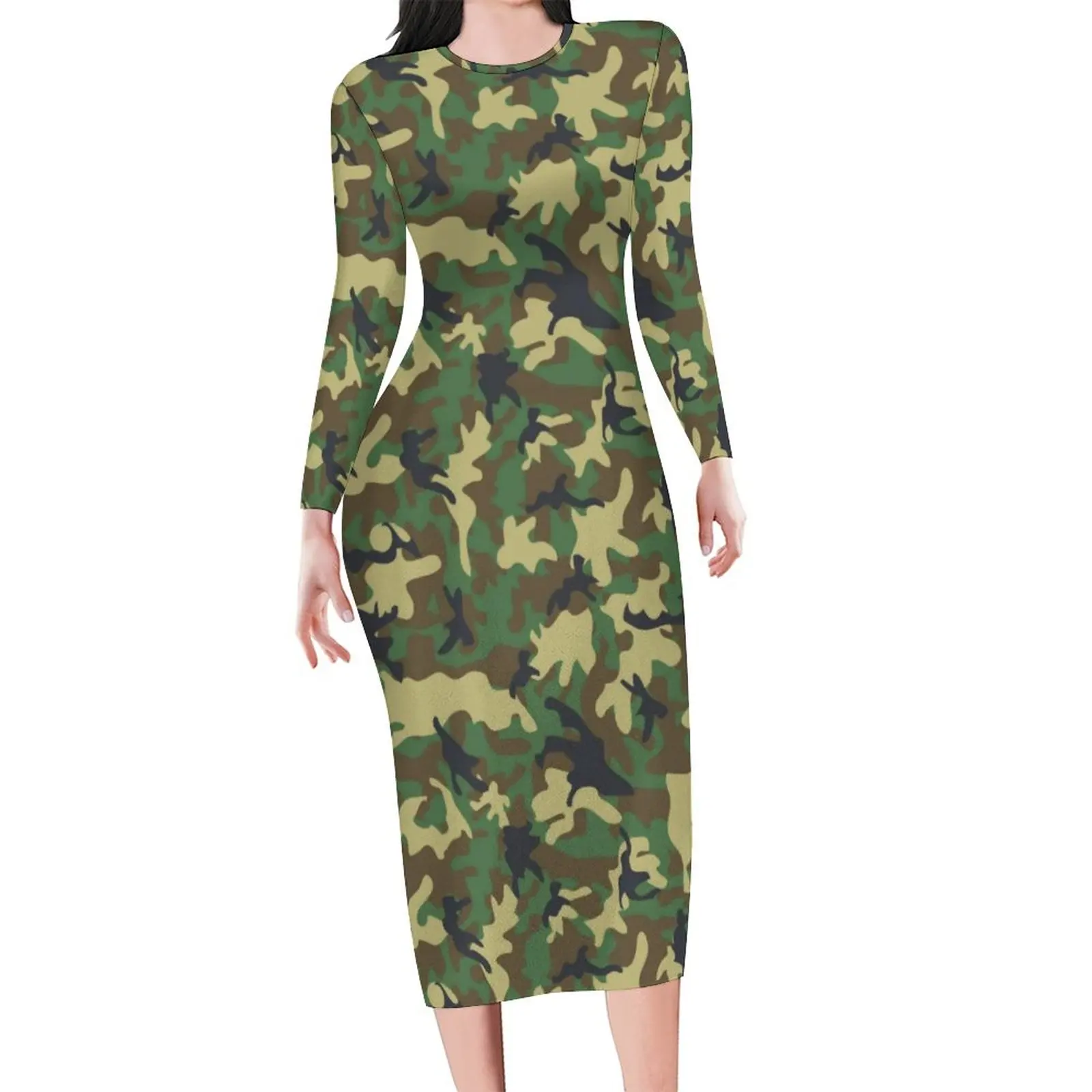 Military Camouflage Dress Lady Green Camo Print Fashion Bodycon Dress Autumn Long Sleeve Trendy Dresses Custom Oversize Vestidos