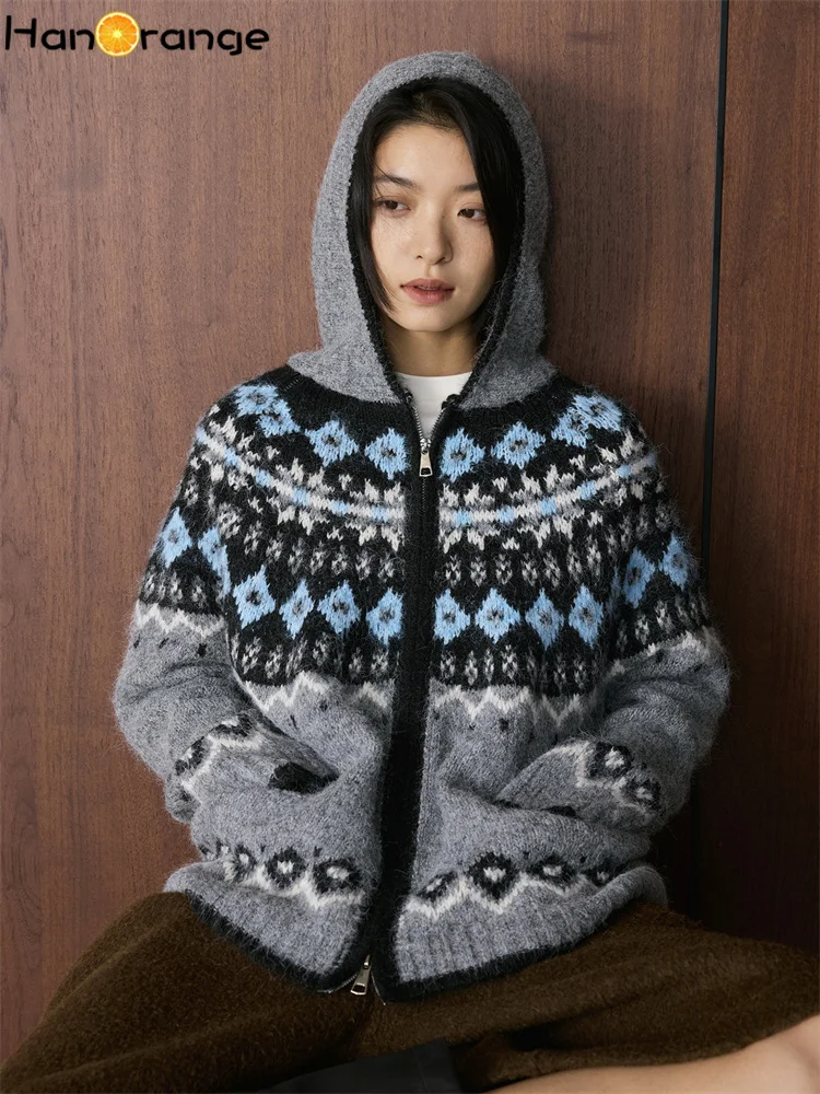 

HanOrange 2025 зимний ретро ленивый жаккардовый вязаный шерстяной свитер с капюшоном женский свободный теплый топ на молнии серый/овсяный