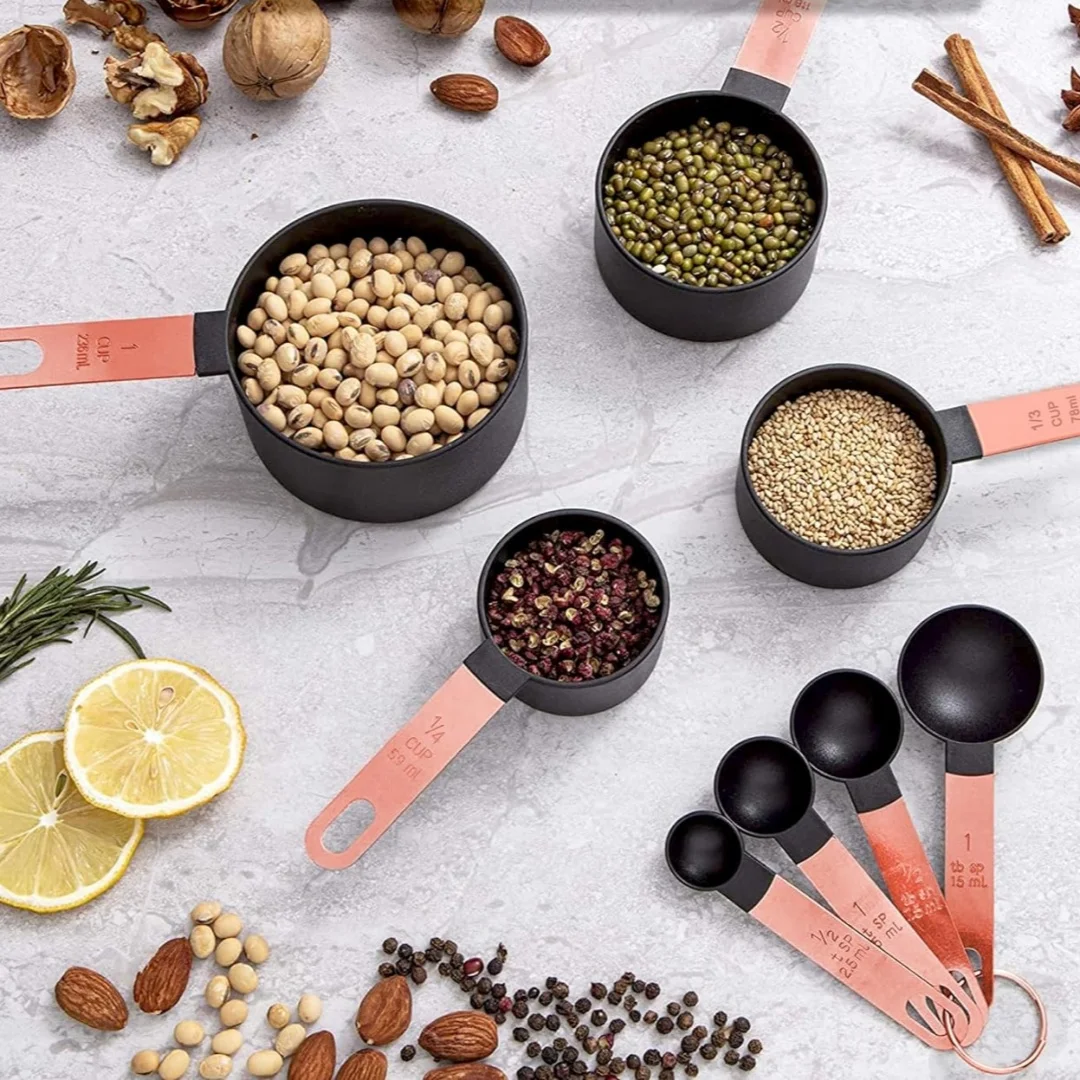 8pcs rose gold stainless steel handle measuring cup and spoon set for measuring ingredients kitchen baking measuring cup set